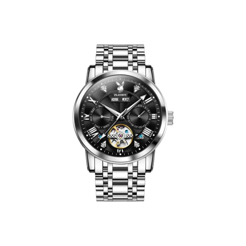 Playboy Mechanical Movement Stainless Steel Watchband Watch Men's Watches Black Dial-0