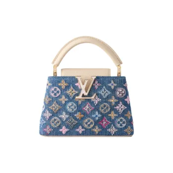 LOUIS VUITTON Leather Trim One Shoulder Handbag Women's Denim Blue