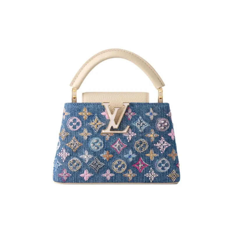 LOUIS VUITTON Leather Trim One Shoulder Handbag Women's Denim Blue-0