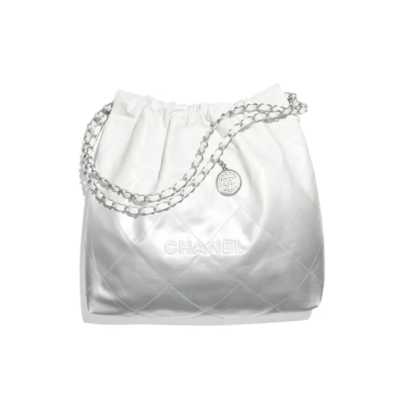 CHANEL 22Bag Gradient Metal Texture Calfskin Bucket Bag, Handbag, Shoulder Bag Regular Women's White & Silver-0