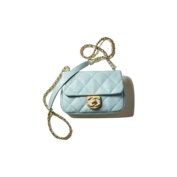 CHANEL Sheepskin & Metal Flap Bag Crossbody Bag Mini Women's Light Blue