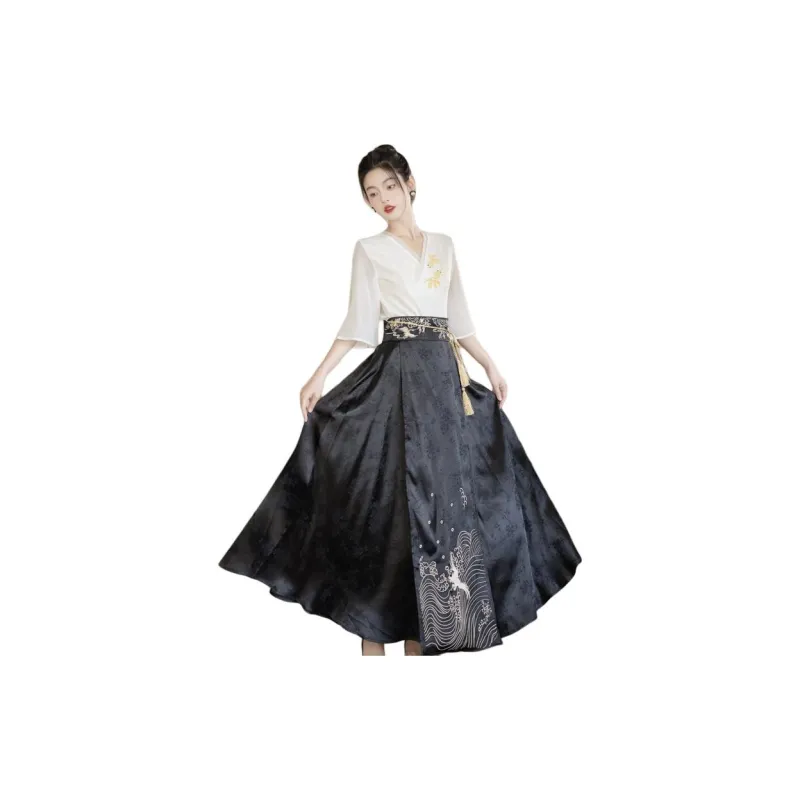 MDEHT Hanfu Women's White Top+Black Skirt Set-0