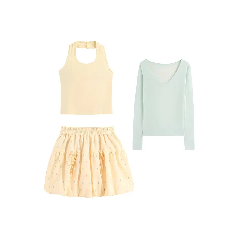 / Two Piece Skirt Sets Women's Image Color Tulip Skirt+Yellow Tank Top+Green Cover Up-0