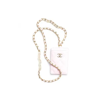 CHANEL 22c Early Spring Grain Embossed Calfskin Necklace Pouch Card Holder Women's Pink