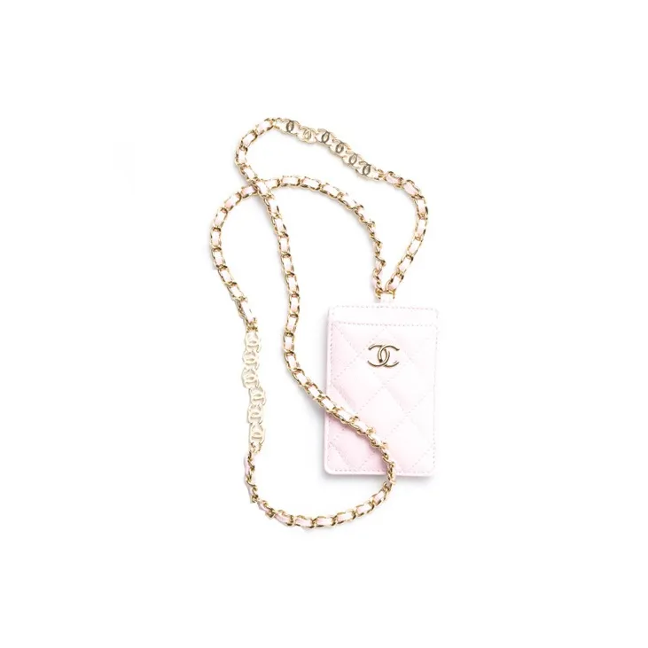 CHANEL 22c Early Spring Grain Embossed Calfskin Necklace Pouch Card Holder Women's Pink-0