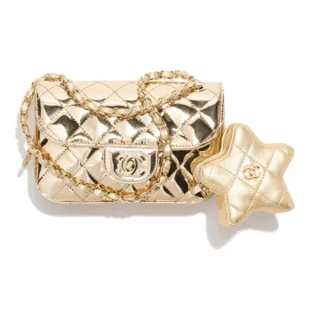 CHANEL Mirror Finish Calfskin With Lambskin Accents Coin Purse Shoulder Bag Crossbody Bag Mini Women's Light Gold