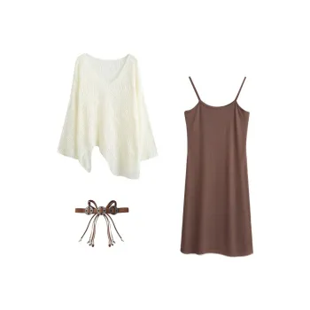 MENGXIAOQI Two Piece Skirt Sets Women's Long Camisole Dress+Apricot Cover Up
