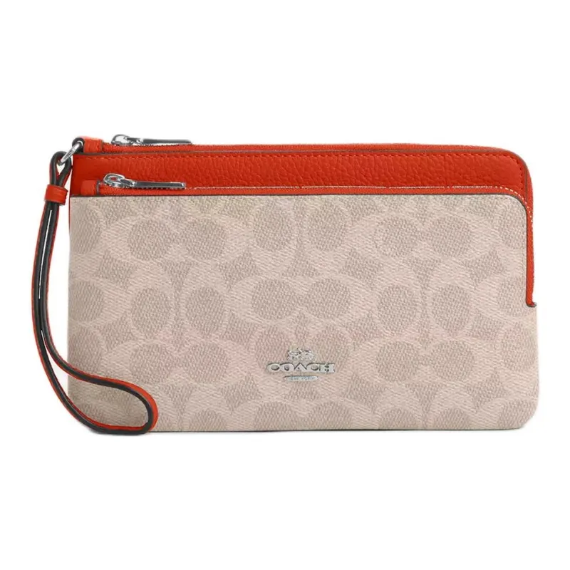 COACH Double Zip Wallet Coated Canvas Wallet Trumpets Women's Dark Orange-0