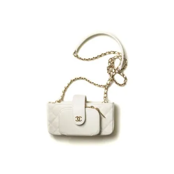 CHANEL Grain Embossed Calf Gold Metal One Shoulder Crossbody Cell Phone Pouch Women's White