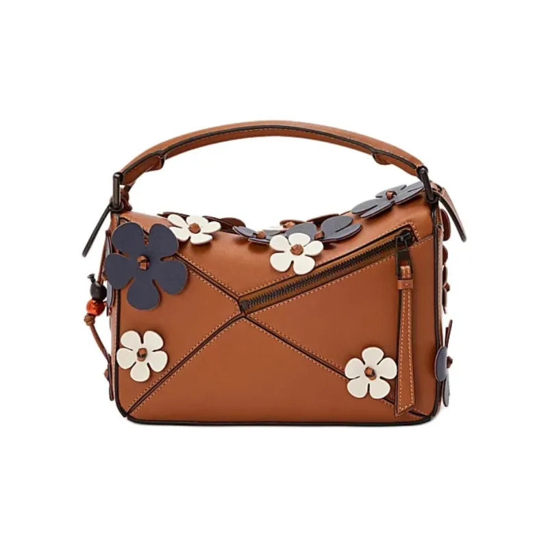 LOEWE Puzzle Classic Cow Leather Shoulder Bag, Crossbody Bag, Handbag Trumpets Women's Tan & Blue-5