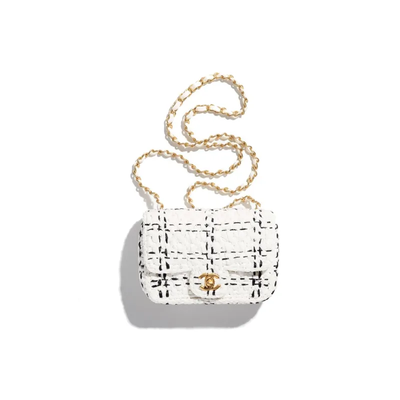CHANEL Raffia And Plaid Combination Shoulder Bag, Crossbody Bag Mini Women's White & Black-0