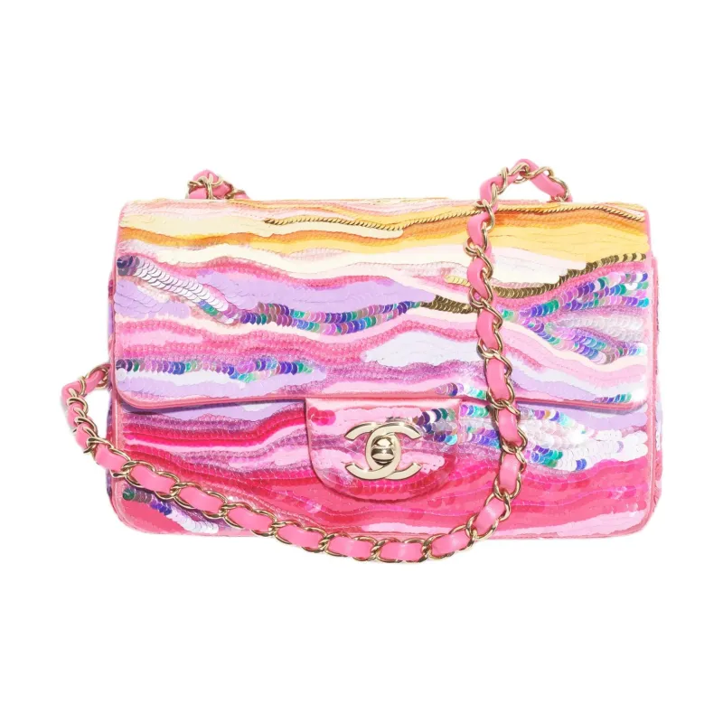 CHANEL Classic Flap CF Embroidered Silk Satin Sequins Flap Bag, Shoulder Bag, Crossbody Bag Mini Women's Multicolor-0