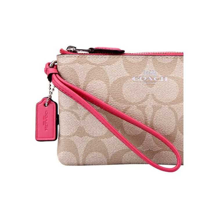 COACH Corner Zip Canvas With Leather Clutch Wrist Bag Coin Purse Pochette Women's Pink & Khaki Monogram-4