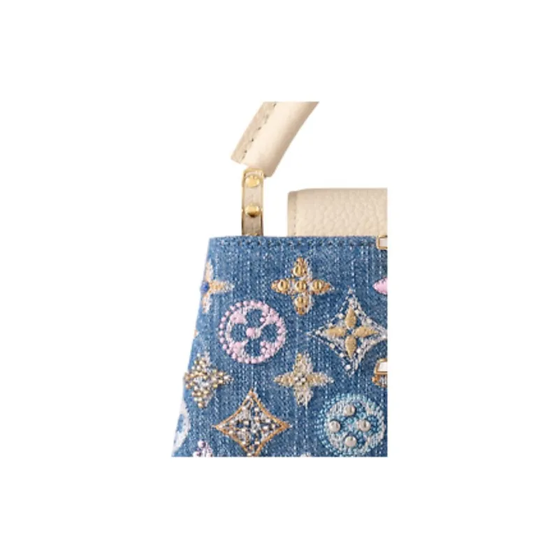 LOUIS VUITTON Leather Trim One Shoulder Handbag Women's Denim Blue-2