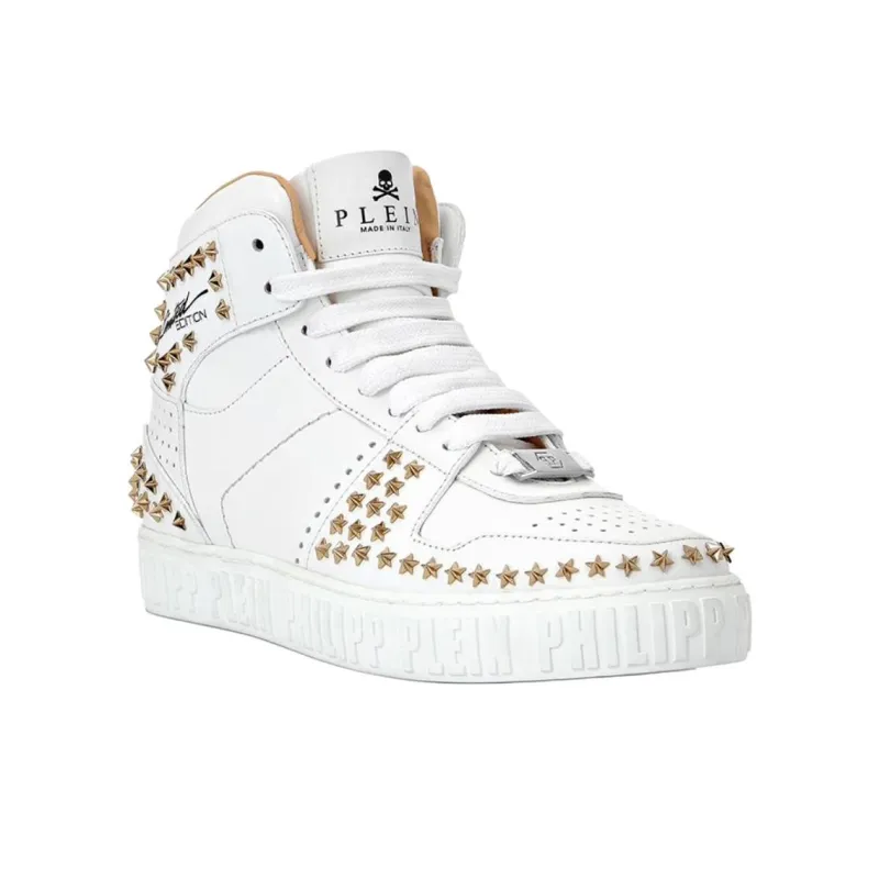 PHILIPP PLEIN High Top Skateboard Shoes Unisex White Gold-2