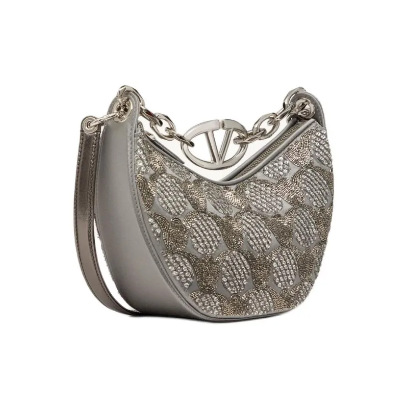 Valentino Vlogo Moon Satin Material Hobo Bag, Crossbody One Shoulder Handbag Mini Women's Coal Gray-1