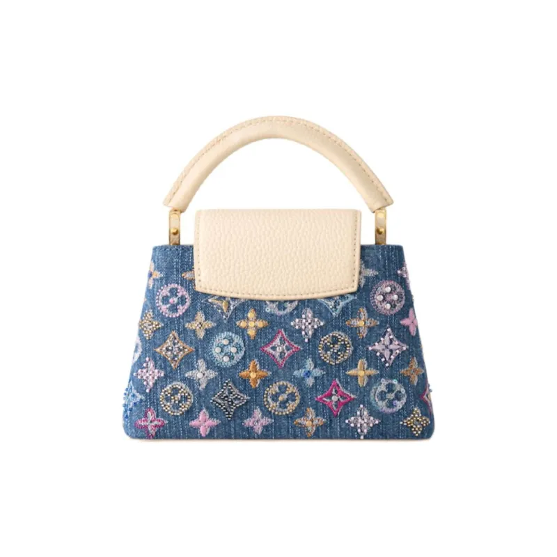 LOUIS VUITTON Leather Trim One Shoulder Handbag Women's Denim Blue-1