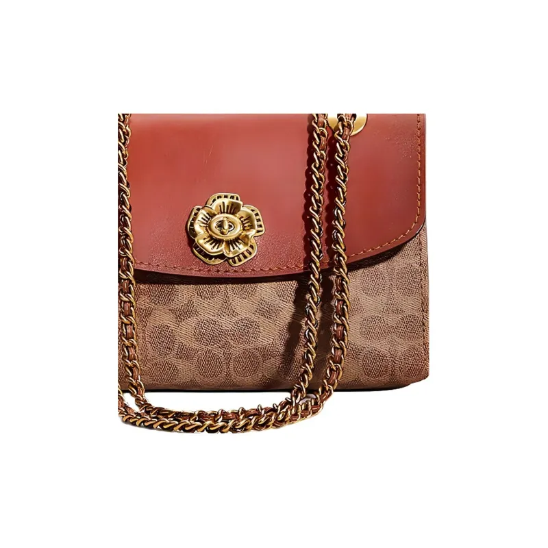 COACH Parker Canvas With Leather Portable Crossbody Bag, Shoulder Bag Medium Size Women's Brown & Red-2