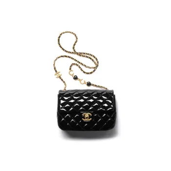 CHANEL 22K Autumn And Winter Calfskin Patent Leather And Gold Metal Flap Bag, Crossbody Bag, Shoulder Bag Women's Black