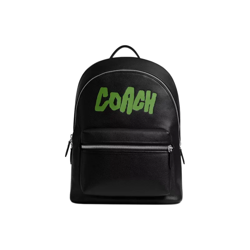 COACH Charter Polished Pebble Grain Leather Backpack Tubas Unisex Black & Green-0