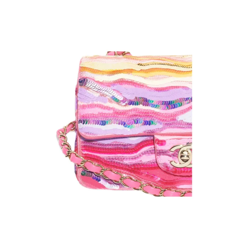 CHANEL Classic Flap CF Embroidered Silk Satin Sequins Flap Bag, Shoulder Bag, Crossbody Bag Mini Women's Multicolor-2
