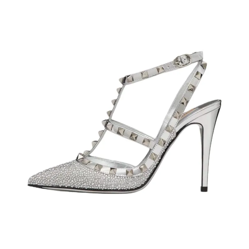 Valentino GARAVANI Rockstud Slim Heel High Heels 10cm Women's Silver-0