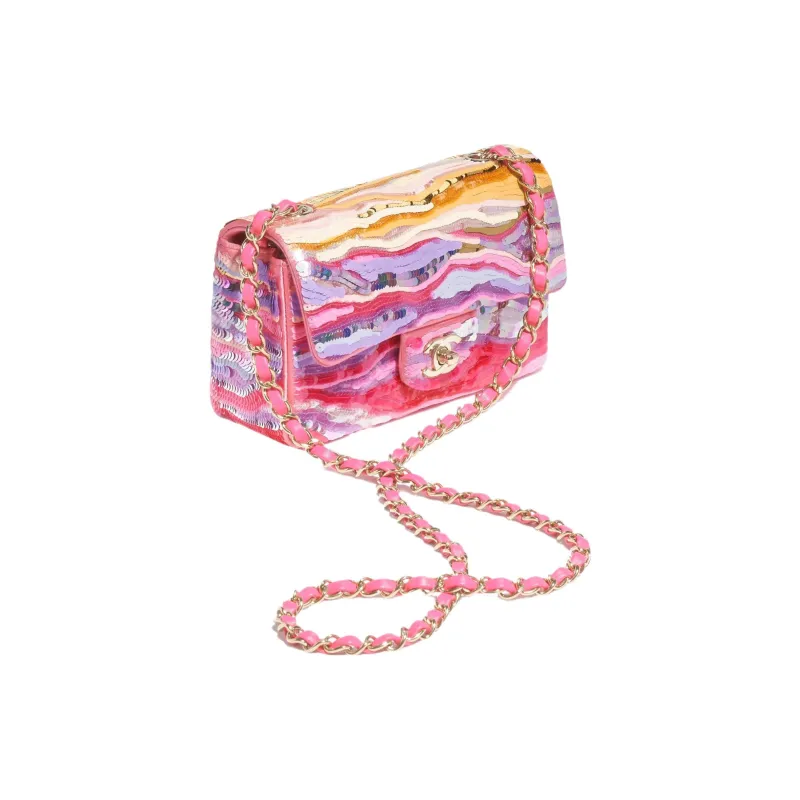 CHANEL Classic Flap CF Embroidered Silk Satin Sequins Flap Bag, Shoulder Bag, Crossbody Bag Mini Women's Multicolor-1