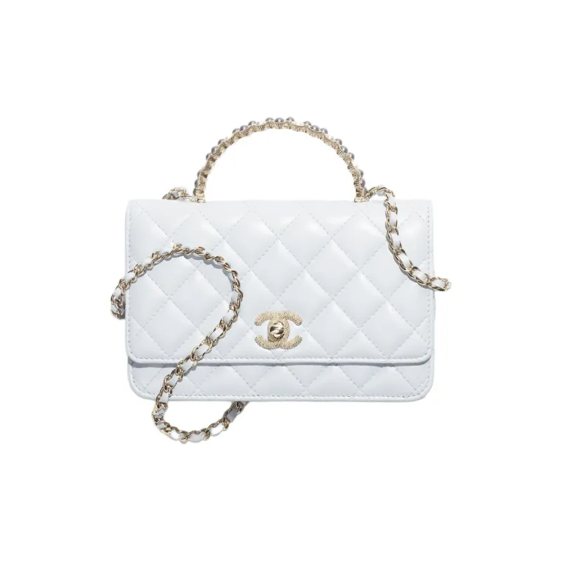 CHANEL Bright Crinkle Lambskin Artificial Pearl Metal Shoulder Bag, Crossbody Bag, Handbag Women's Light Gray-0