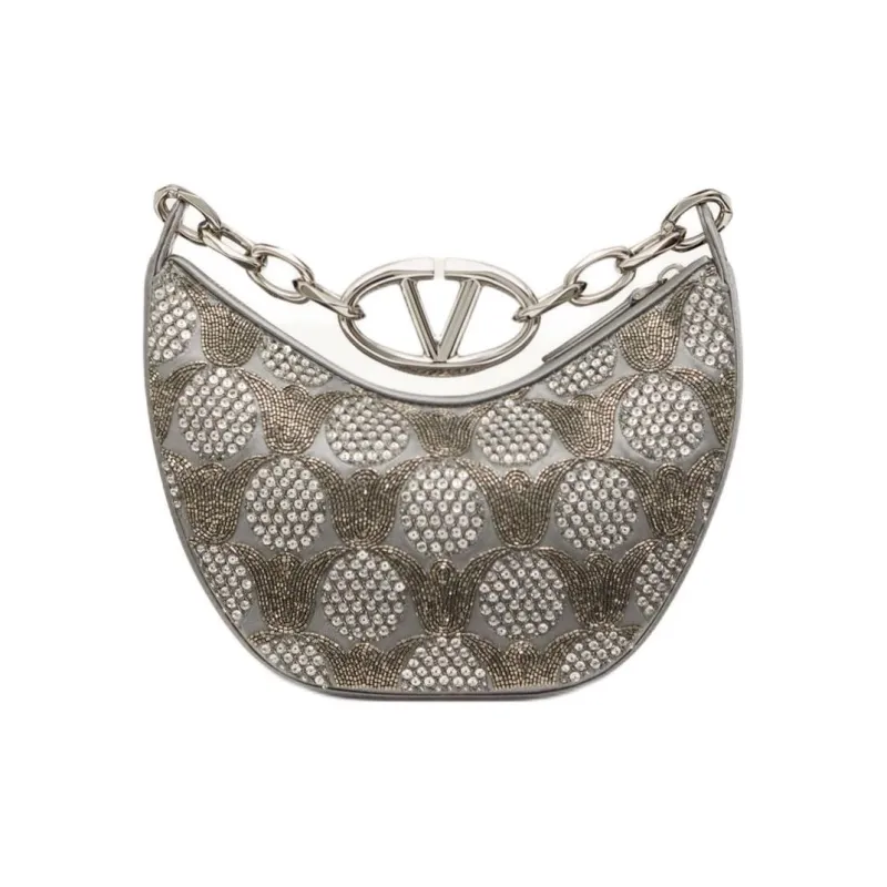 Valentino Vlogo Moon Satin Material Hobo Bag, Crossbody One Shoulder Handbag Mini Women's Coal Gray-3