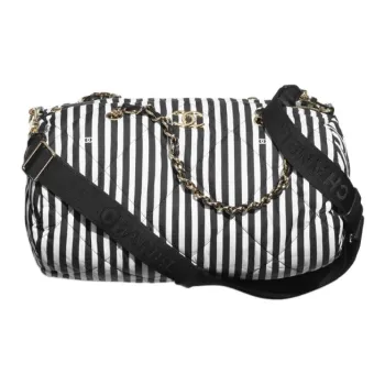 CHANEL Printed Fabric And Metal Bowling Bag, Handbag, Shoulder Bag Women's White & Black