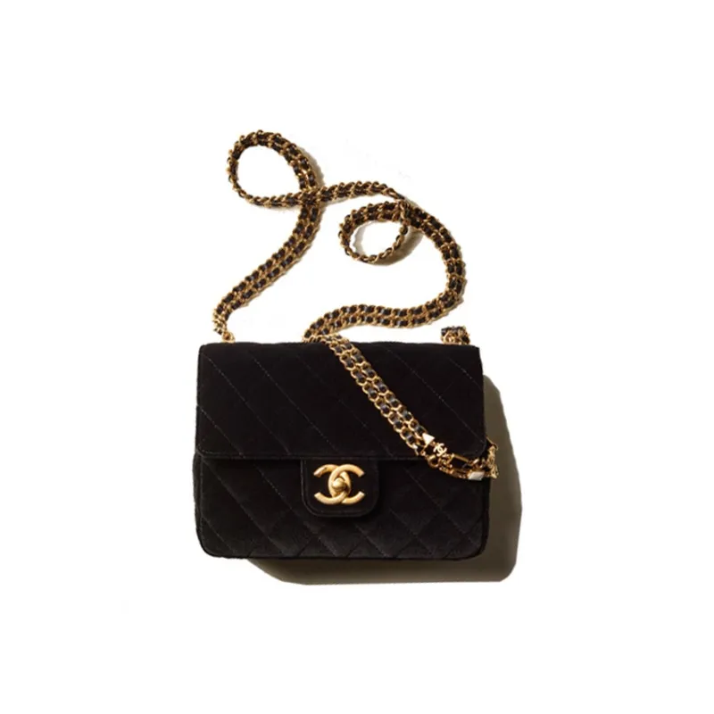 CHANEL Gold Metal Enamel Velvet Flap Bag, Shoulder Bag, Crossbody Bag Women's Black-0