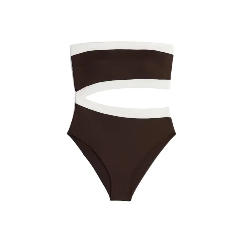H&M One Piece Swimsuits Women's Dark Brown/White-0