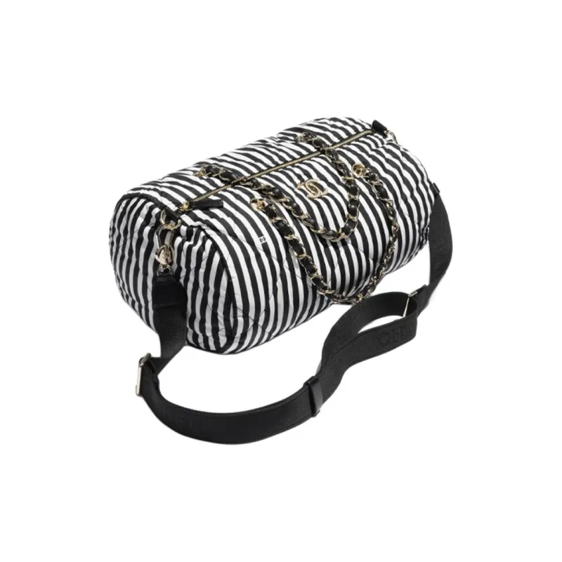 CHANEL Printed Fabric And Metal Bowling Bag, Handbag, Shoulder Bag Women's White & Black-1