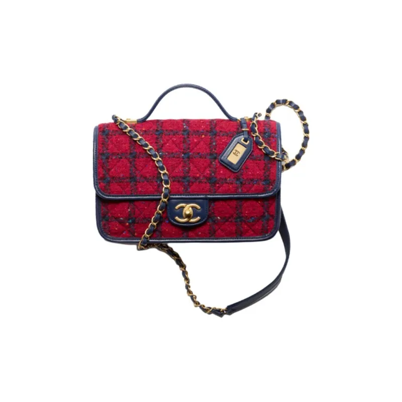 CHANEL Wool With Woolen Handbag, Shoulder Bag, Crossbody Bag Trumpets Women's Red & Marine Blue-0