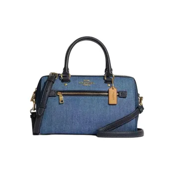 COACH Rowan Denim With Pebbled Leather Boston Bag Handbag Crossbody Bag Large Size Women's Denim Blue