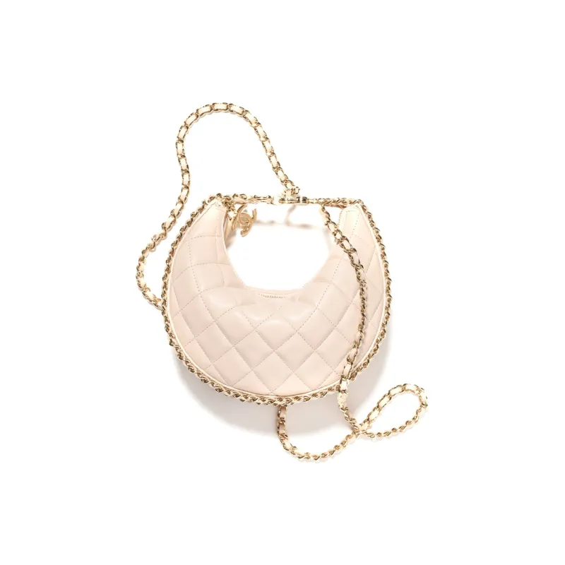 CHANEL Lambskin Hobo Bag, Crossbody Bag, Shoulder Bag Trumpets Women's Beige-0
