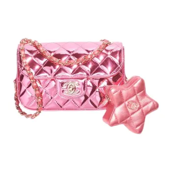 CHANEL Metal Texture Mirror Finish Calfskin With Lambskin Accents Shoulder Bag, Crossbody Bag Mini Women's Pink