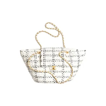 CHANEL Raffia With Tweed Basket Bag, Handbag, Shoulder Bag Women's White & Black