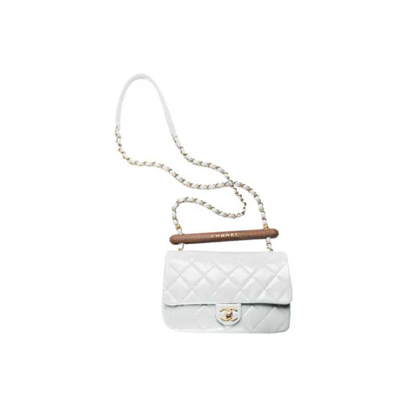 CHANEL Lambskin With Wooden Inlay Flap Bag, Crossbody Bag, Shoulder Bag Women's Light Gray Blue-0