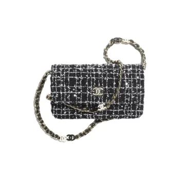 CHANEL Cotton Velvet Sequins Gold Metal Crossbody Bag, Shoulder Bag Women's Black & White