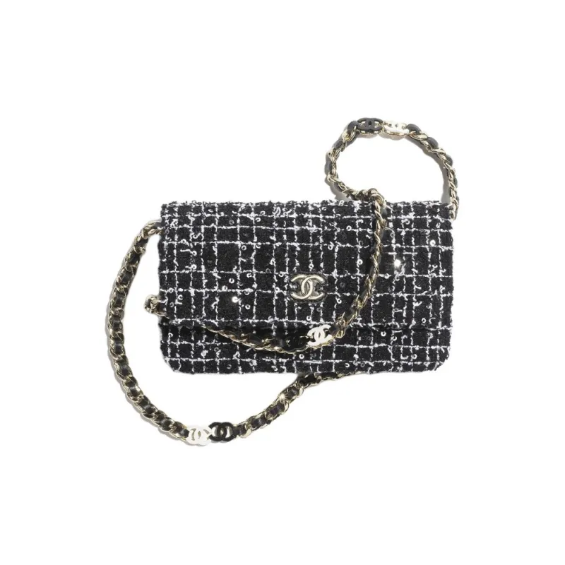 CHANEL Cotton Velvet Sequins Gold Metal Crossbody Bag, Shoulder Bag Women's Black & White-0