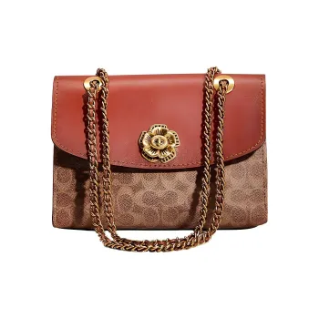 COACH Parker Canvas With Leather Portable Crossbody Bag, Shoulder Bag Medium Size Women's Brown & Red
