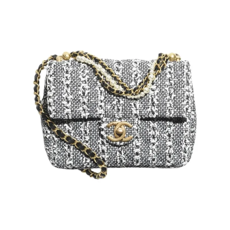 CHANEL Twill Soft Woolen Artificial Pearl Flap Bag, Shoulder Bag, Crossbody Bag Mini Women's White & Black & Silver-0