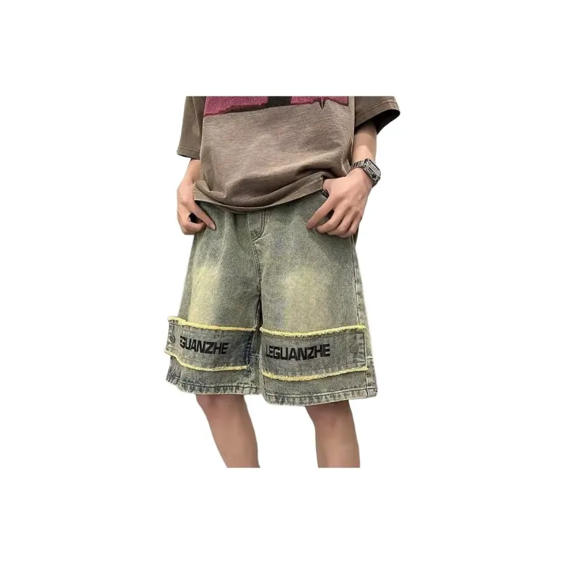 GOODHENLCE Denim Shorts Unisex Yellow Mud Letter Version-0