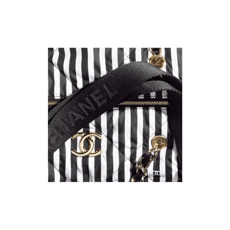 CHANEL Printed Fabric And Metal Bowling Bag, Handbag, Shoulder Bag Women's White & Black-3