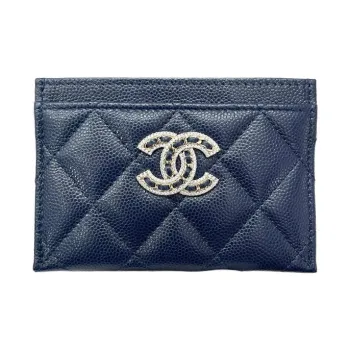 CHANEL Grain Embossed Caviar Cow Leather Card Holder Women's Blue