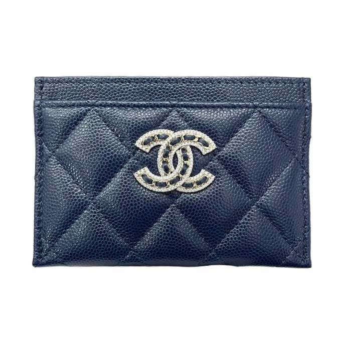 CHANEL Grain Embossed Caviar Cow Leather Card Holder Women's Blue-0