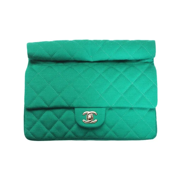 CHANEL Wool Knitted Fabric With Gold Metal Dark Green Evening Clutch Bag Women's Green-0
