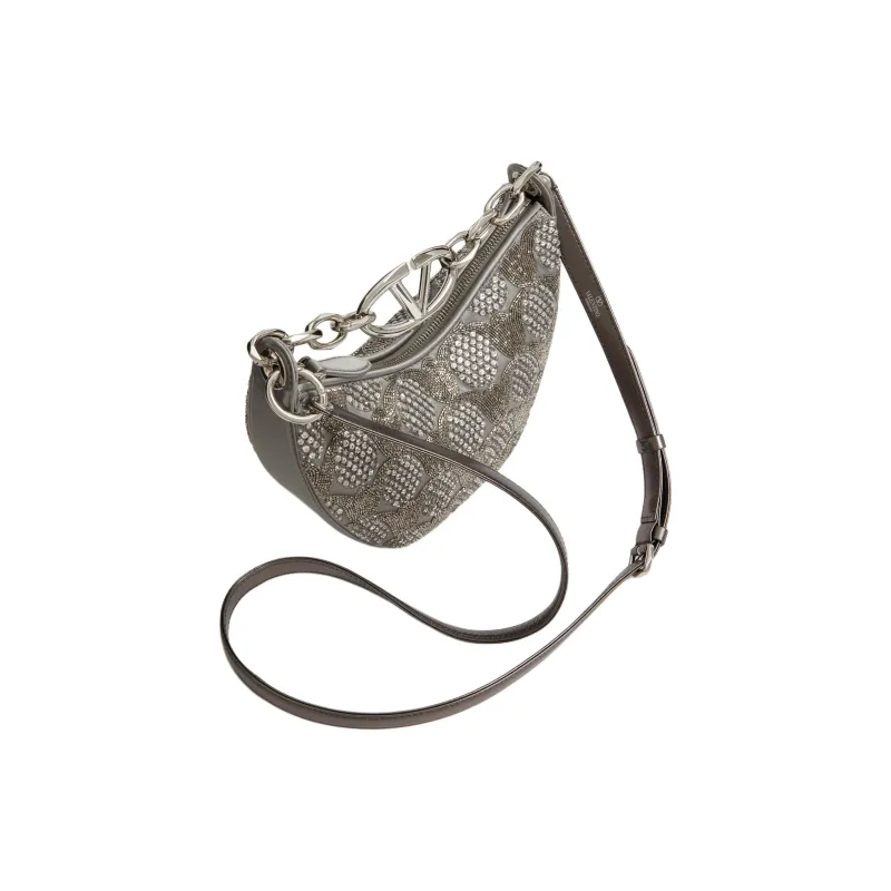 Valentino Vlogo Moon Satin Material Hobo Bag, Crossbody One Shoulder Handbag Mini Women's Coal Gray-4