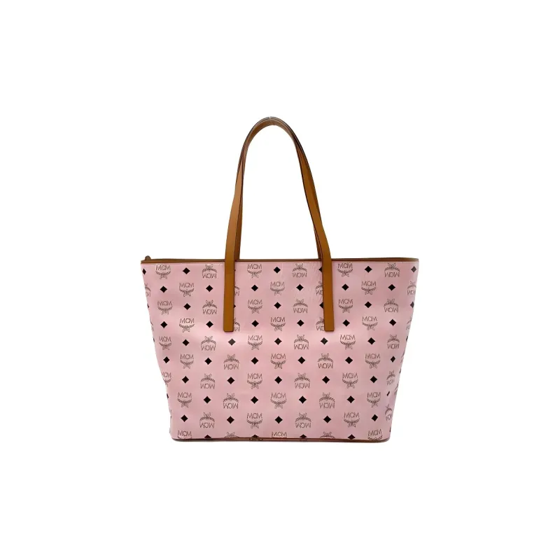 MCM Toni Visetos Canvas Tote Bag, Shopping Bag, Shoulder Bag Women's Light Mist Pink With Cognac-1